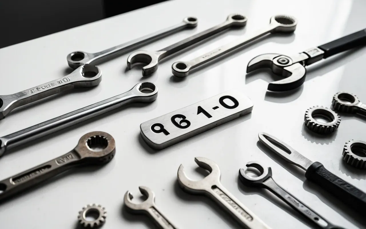 herramientas bricolaje Editorial still life of various precision wrenches and ratchet tools arranged neatly on a clean white surface with soft shadows and high contrast detail showing metal finish
