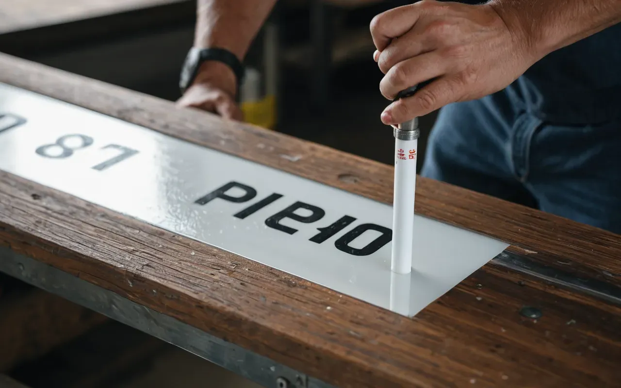 Hands applying a thin layer of white adhesive from a small tube onto a wooden surface near a metal pipe joint, bright workshop lighting showing the precise application technique and clean workspace details