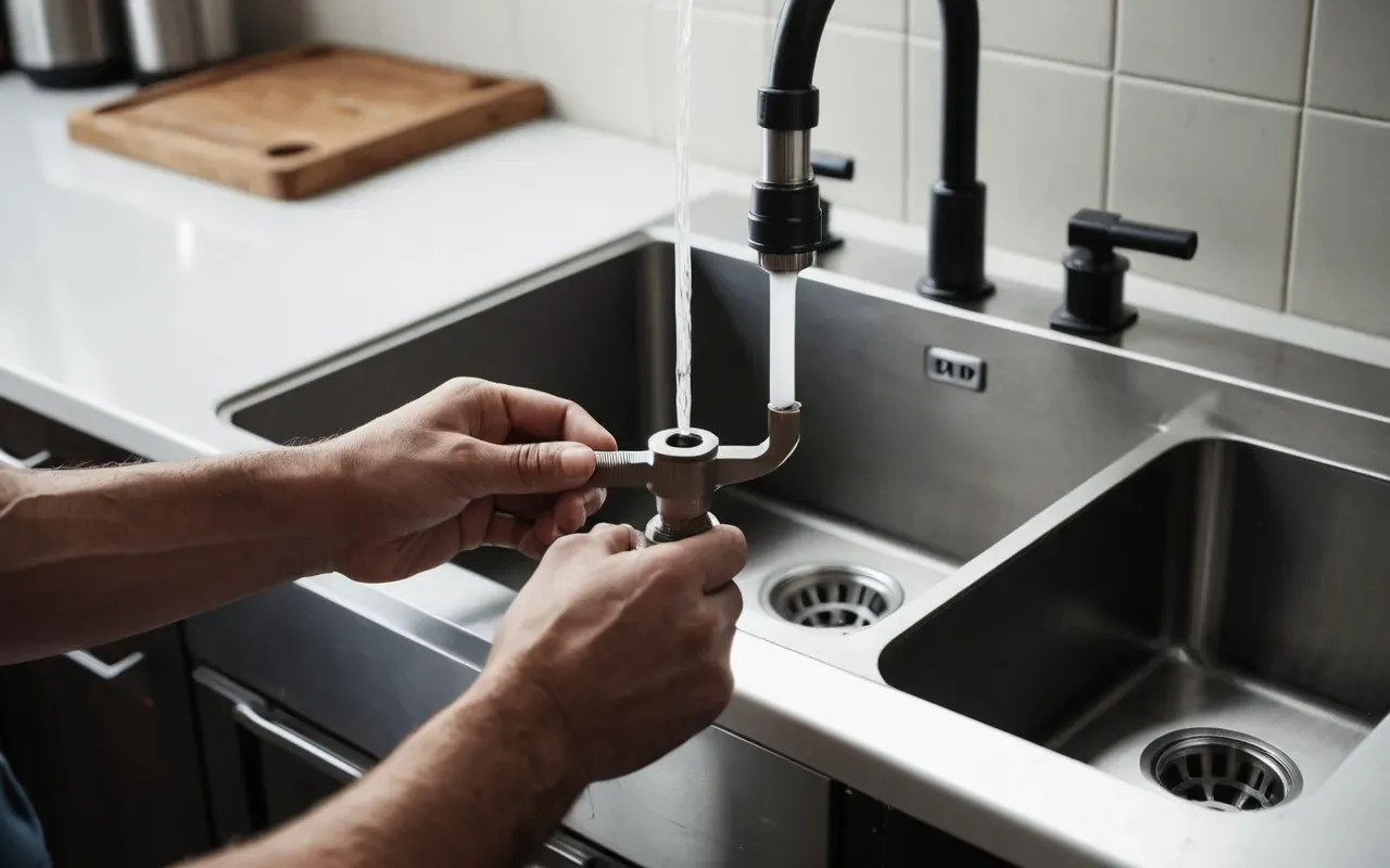 Hands holding a wrench tightening a pipe fitting under a modern kitchen sink, focus on the action, clean background.