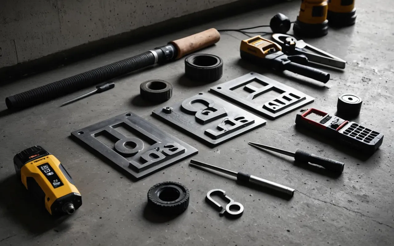 mantenimiento vivienda Organized collection of professional power tools and hand instruments laid out on a clean concrete floor with soft overhead lighting creating subtle shadows and modern industrial aesthetic