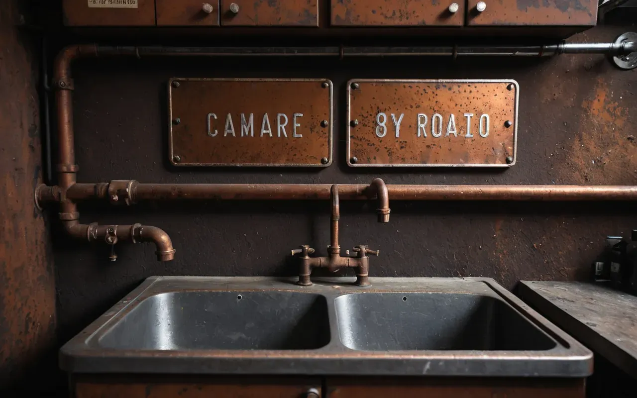 Photorealistic view of corroded copper pipes behind a sink cabinet, rust spots visible on metal brackets, dim interior lighting.