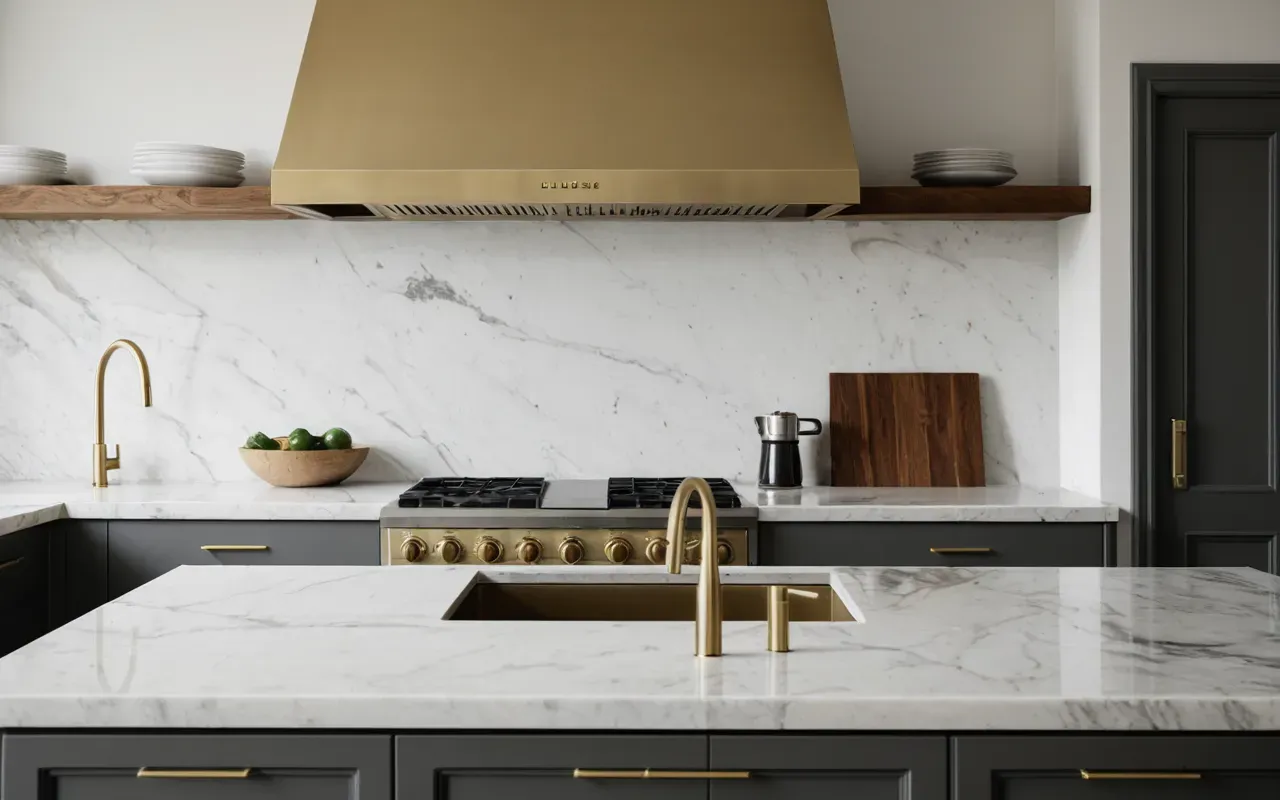Wide editorial photograph of a modern minimalist kitchen interior with marble countertops, brushed brass fixtures, soft natural daylight, and a calm neutral color palette, capturing the essence of everyday domestic life.