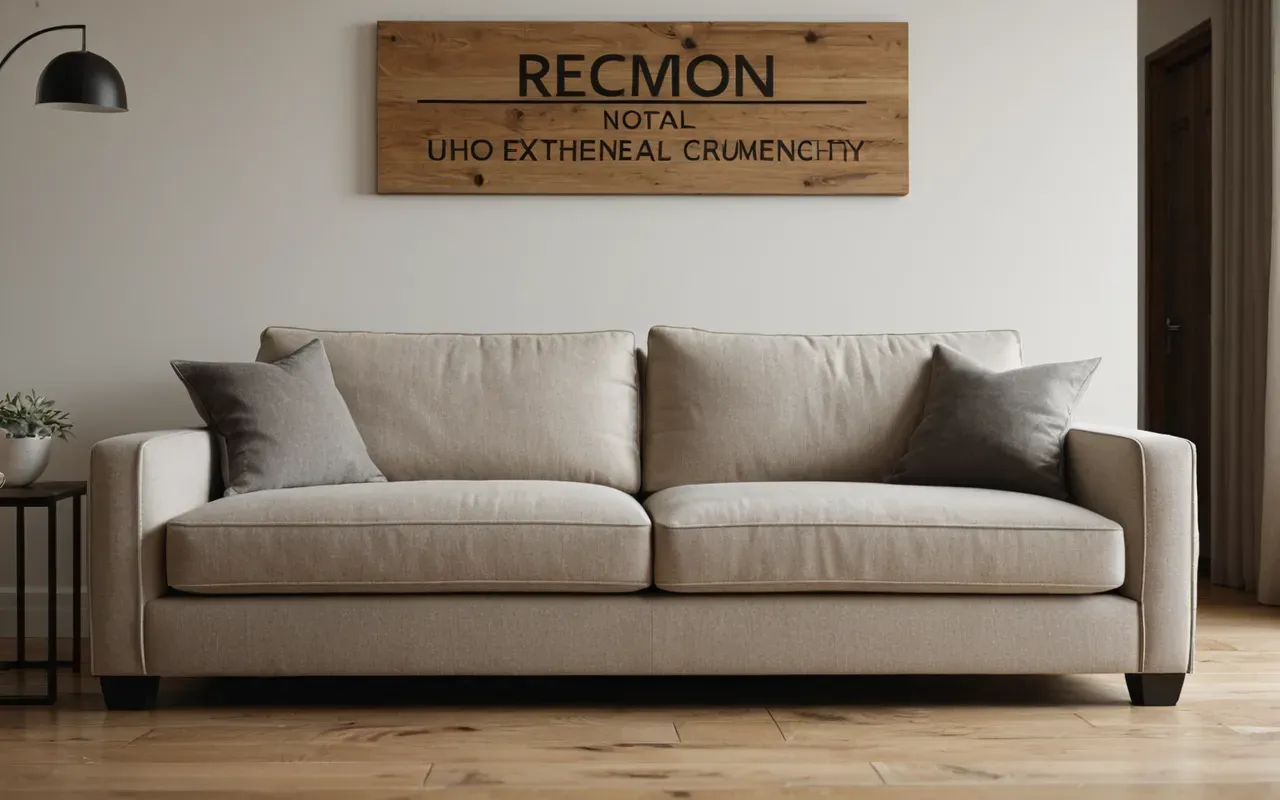 Wide interior shot of a modern minimalist living room with neutral beige sofa and light wooden floor showing subtle water stain near the baseboard, soft natural daylight from large windows creating realistic shadows on white walls.