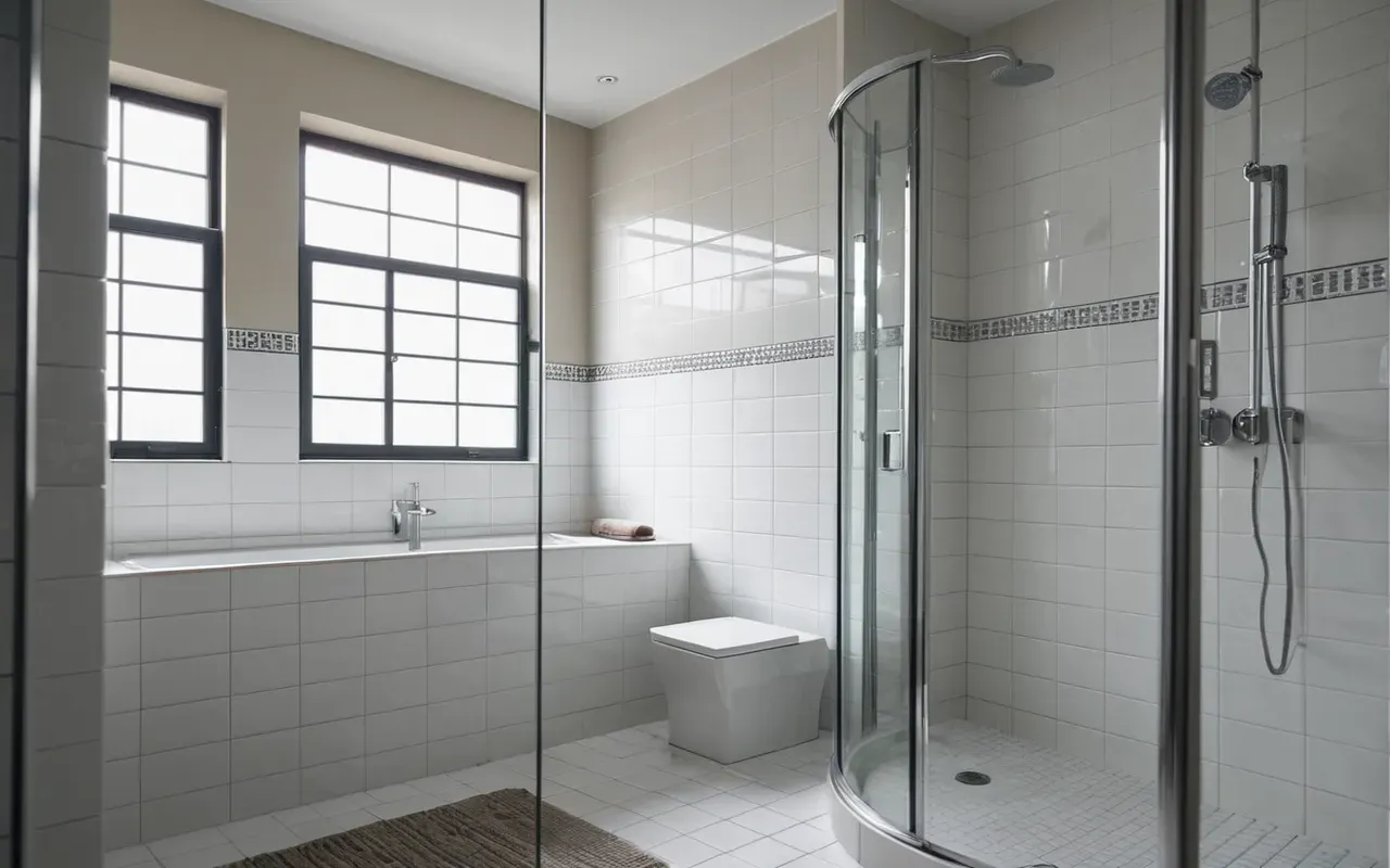 Wide shot of a clean modern bathroom interior with white ceramic tiles and a glass shower enclosure, capturing the pristine condition before maintenance work begins.
