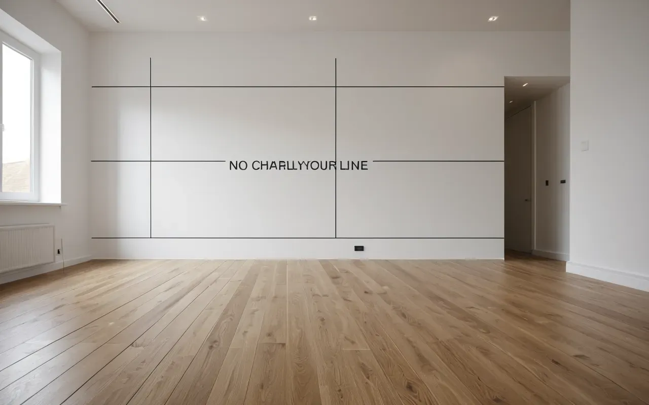 reparación piso Wide shot of a modern minimalist living room with light oak flooring and white walls featuring a precise laser level line projected across the surface in natural daylight