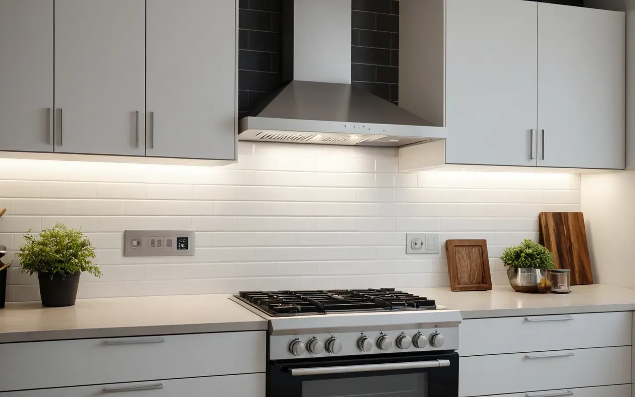 A clean modern kitchen with a stainless steel range hood and minimalist cabinets, soft ambient lighting from under-cabinet LEDs, neutral tones.