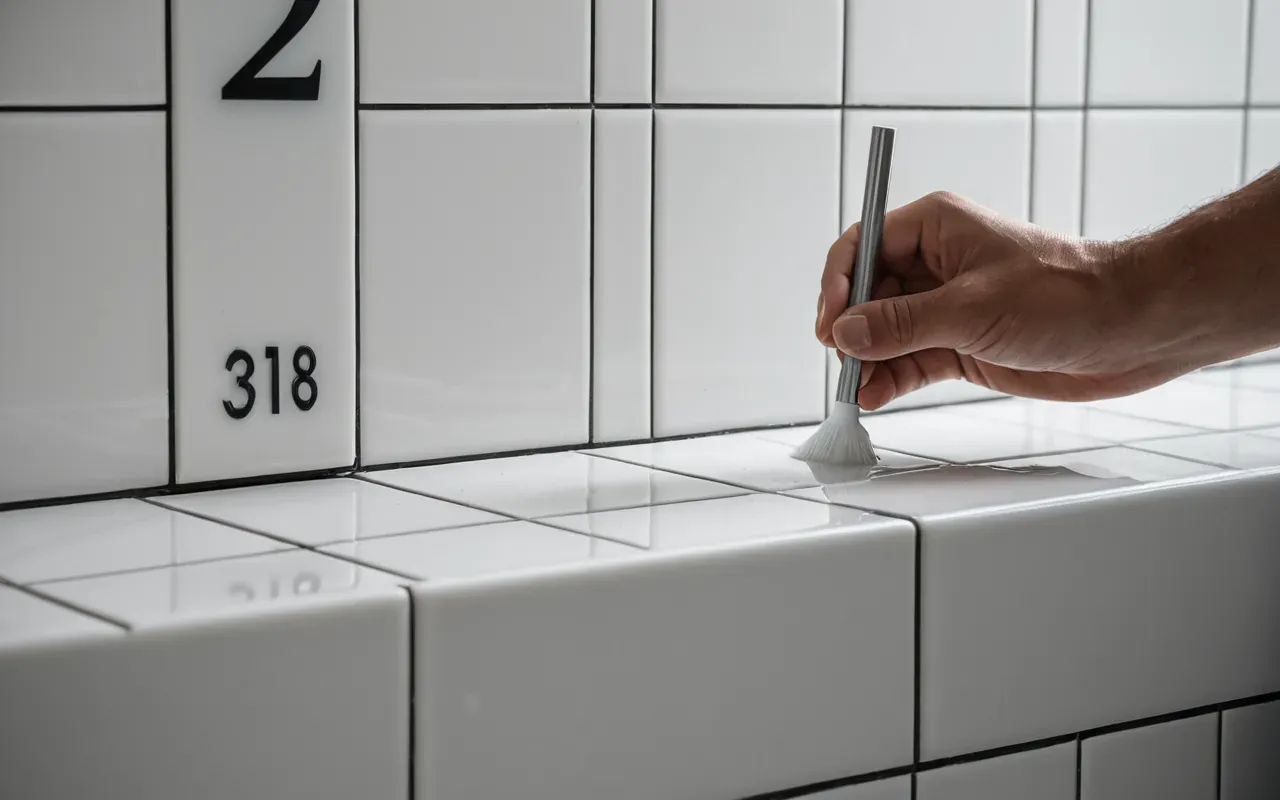 A close-up of a bead of clear silicone sealant being applied to the corner junction between white ceramic tiles and glass in a modern bathroom setting.