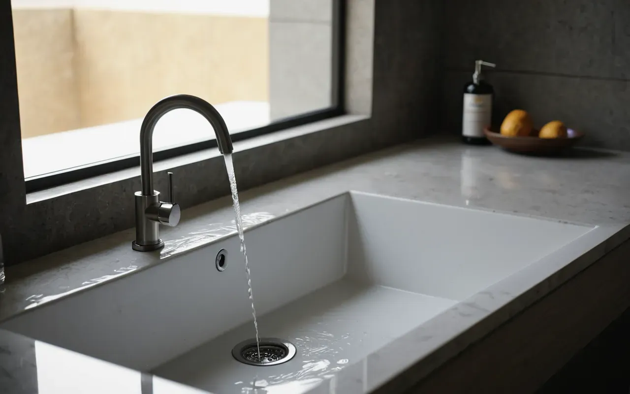A close-up shot of a modern bathroom sink with a faucet dripping slowly into the basin. The lighting is soft and natural coming from a window on the left side. The composition focuses on the water drop mid-fall, emphasizing the slow leak issue in domestic settings.
