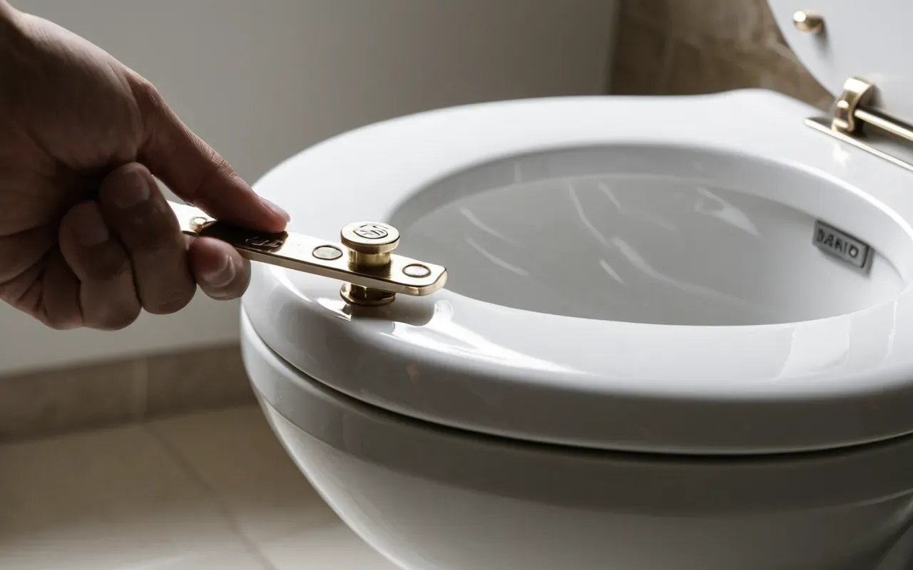 A close-up view of a hand applying white epoxy resin to the underside joint of a white ceramic toilet seat hinge in a modern bathroom setting with neutral lighting.
