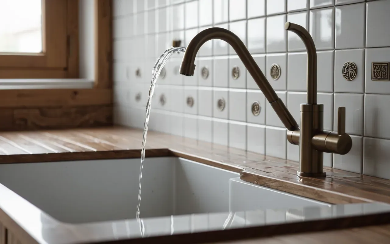 A close up view of a modern kitchen sink with water dripping slowly from the faucet. The background is slightly blurred showing clean white tiles and wooden cabinets.