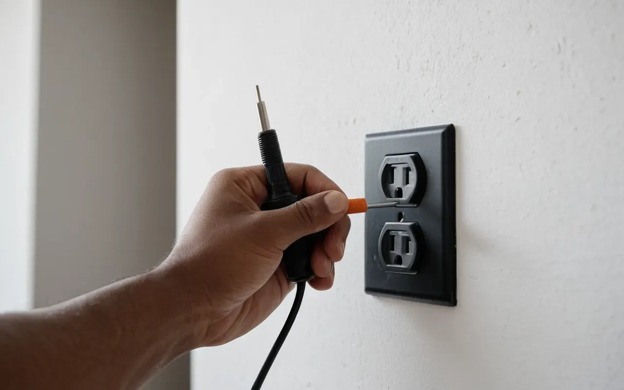 A detailed shot of a hand holding a screwdriver near an electrical outlet on a white wall. The focus is on the tool and the socket, with soft shadows indicating indoor lighting. No text or labels are visible in the frame.