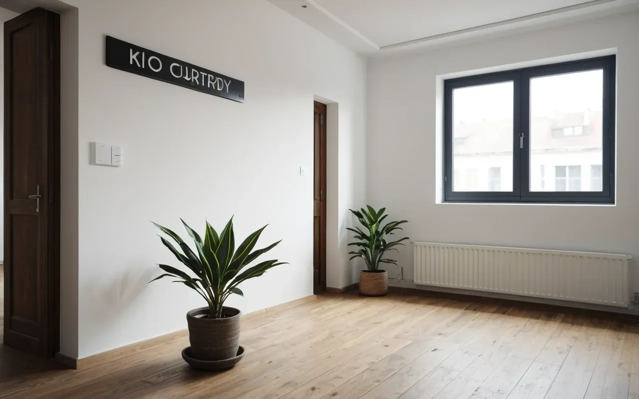 A modern empty apartment interior with bright natural light from a large window. Clean white walls and wooden floor are visible. A single potted plant sits near the glass door creating a calm atmosphere.