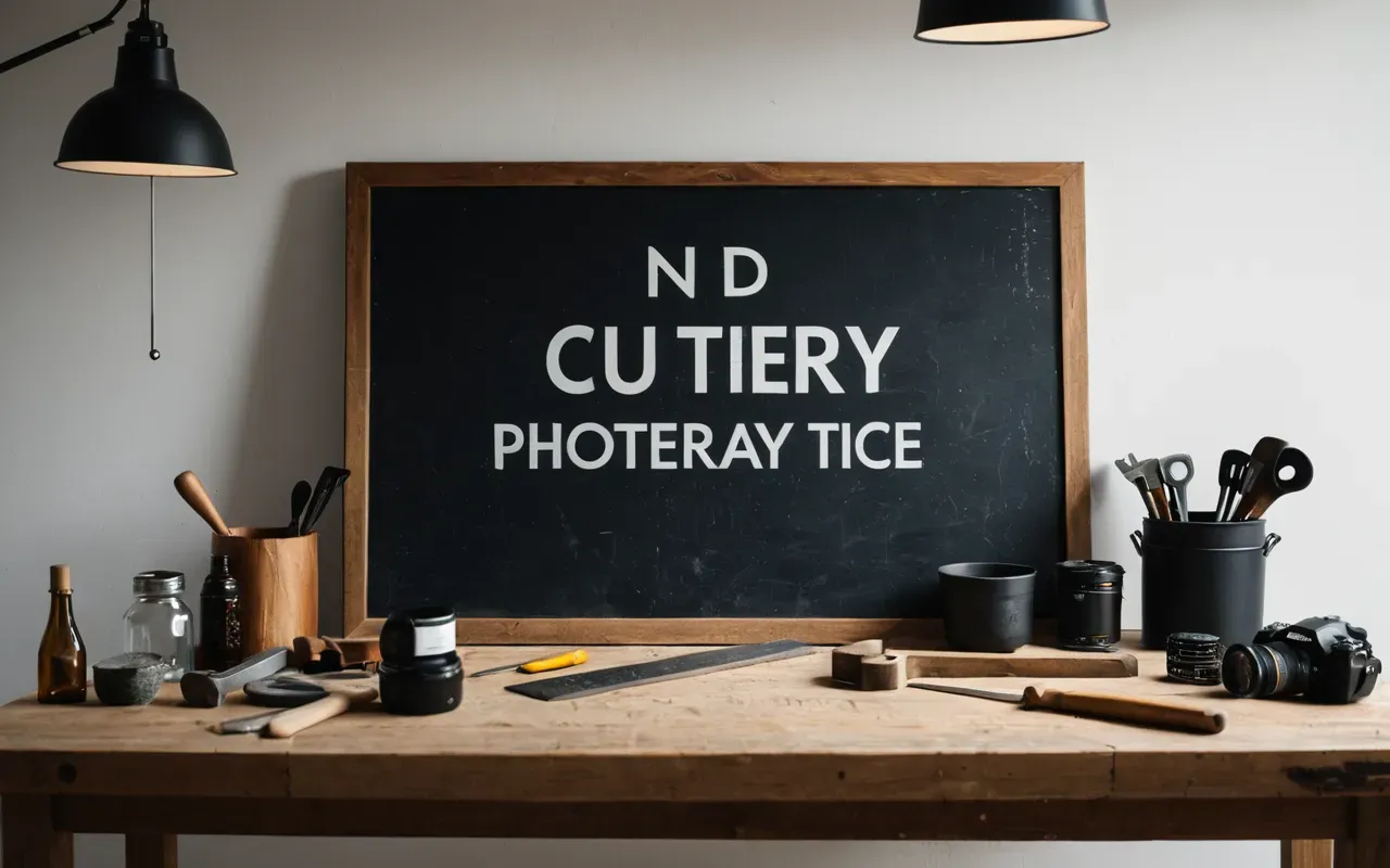 A modern minimalist workbench with simple hand tools like a hammer and screwdriver arranged neatly on a wooden surface, bright studio lighting.