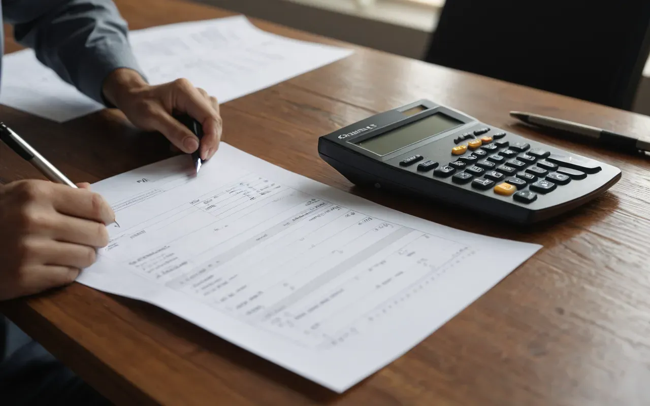 A person holding a calculator and looking at papers with financial figures on a wooden desk. Soft morning light illuminates the workspace creating a serious professional mood.