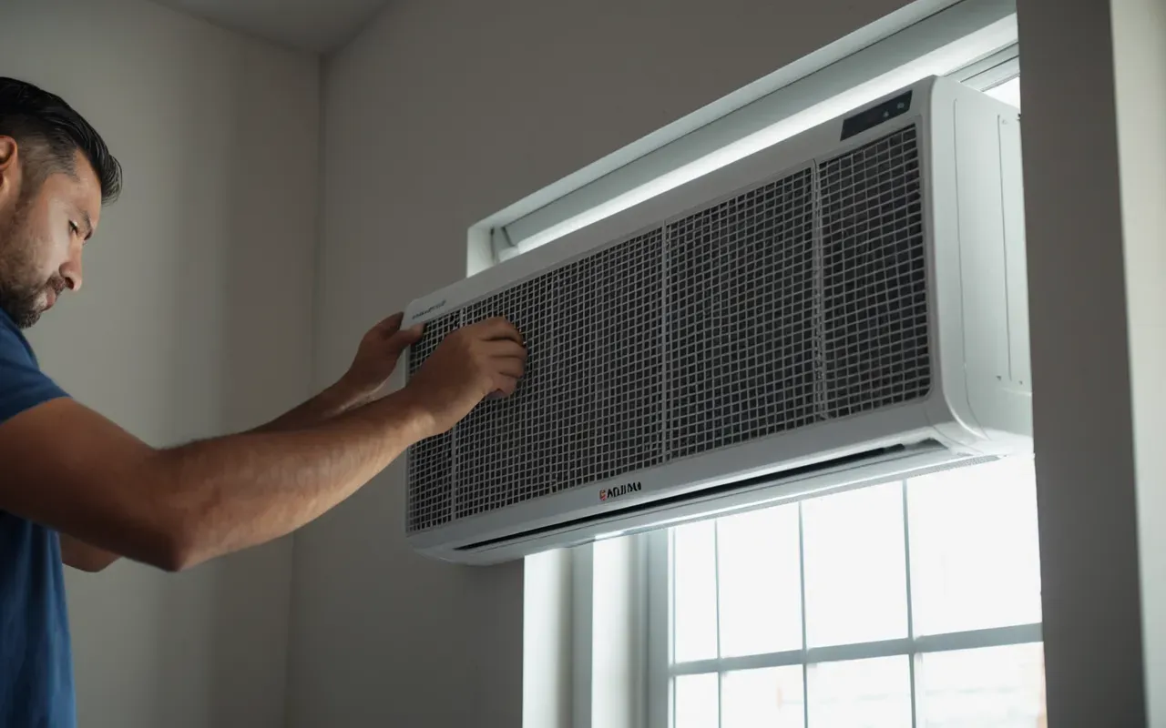 A person holding a clean white air conditioner filter mesh in one hand and inspecting it under bright natural light near a window, showing the fine grid structure clearly.