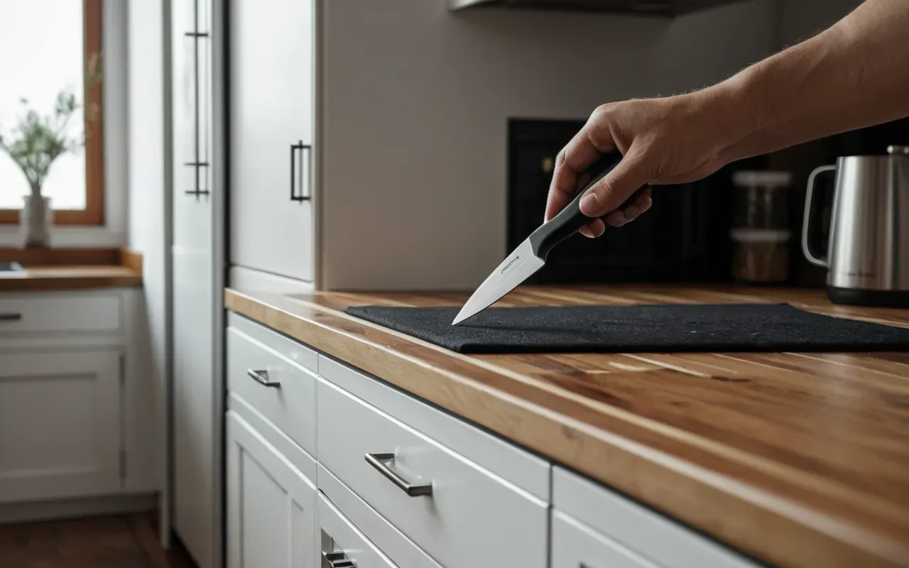 A person saving money by fixing a loose cabinet door using basic hand tools in a modern kitchen with white cabinets and wooden countertops.