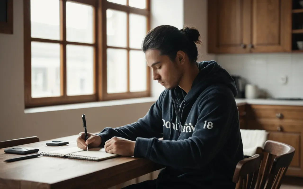A person sitting at a kitchen table with a notebook and pen, looking thoughtful, natural light from a large window in the background, modern interior.