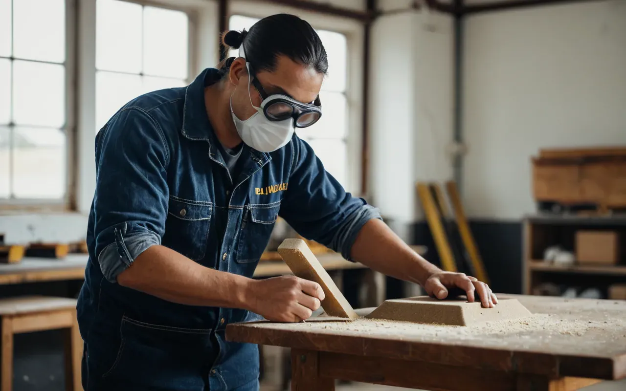 A person wearing a dust mask and safety goggles sanding the edge of a wooden chair with manual sandpaper in a bright clean workshop room.
