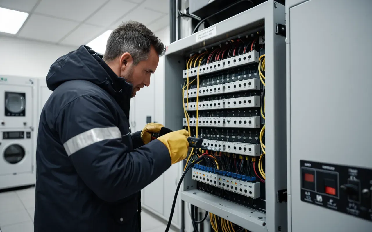 A person wearing insulated gloves inspecting a modern electrical distribution board with visible circuit breakers in a well-lit utility room, focusing on safety and inspection.