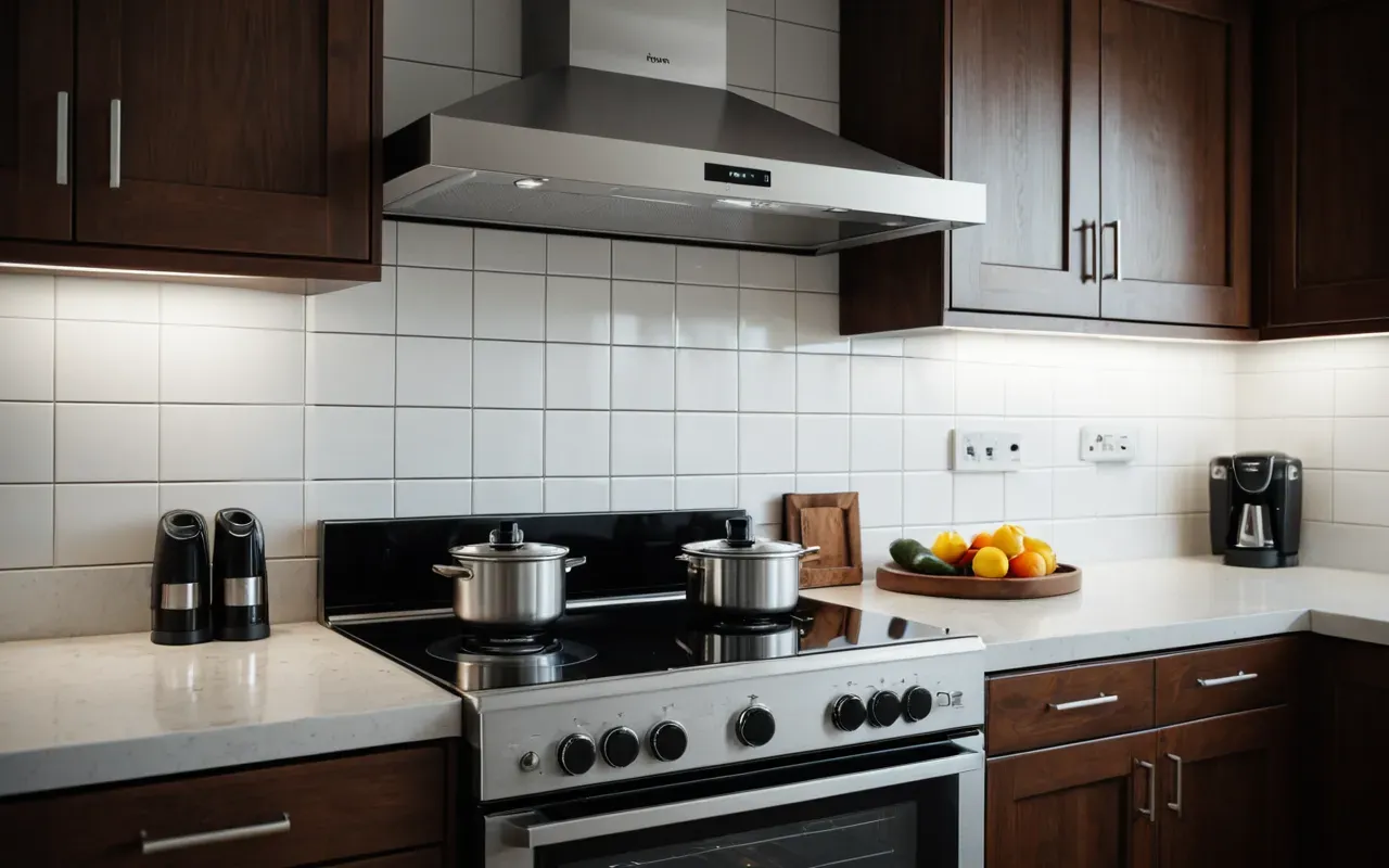 A realistic view of an open kitchen cabinet showing a modern electric stove with visible control knobs. The scene is well-lit by overhead lighting, highlighting the appliance in a clean and contemporary domestic environment.