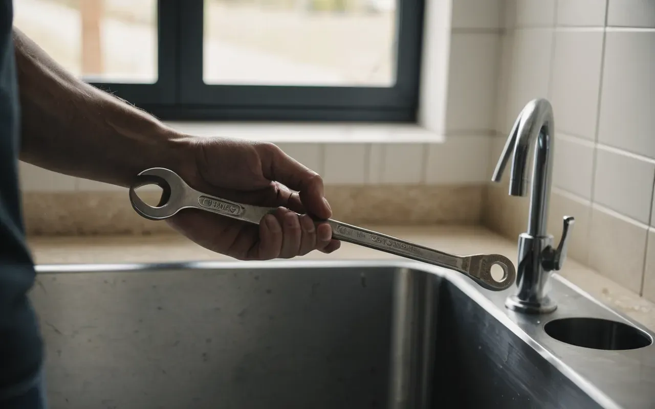Close-up of a hand holding a modern wrench near a sink pipe in a clean kitchen, soft natural light from a window, shallow depth of field, neutral tones.