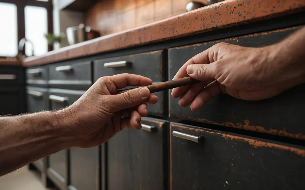 Close-up of a weathered pair of hands holding a small copper pipe joint with visible rust spots against a blurred background of modern kitchen cabinets and soft natural light.