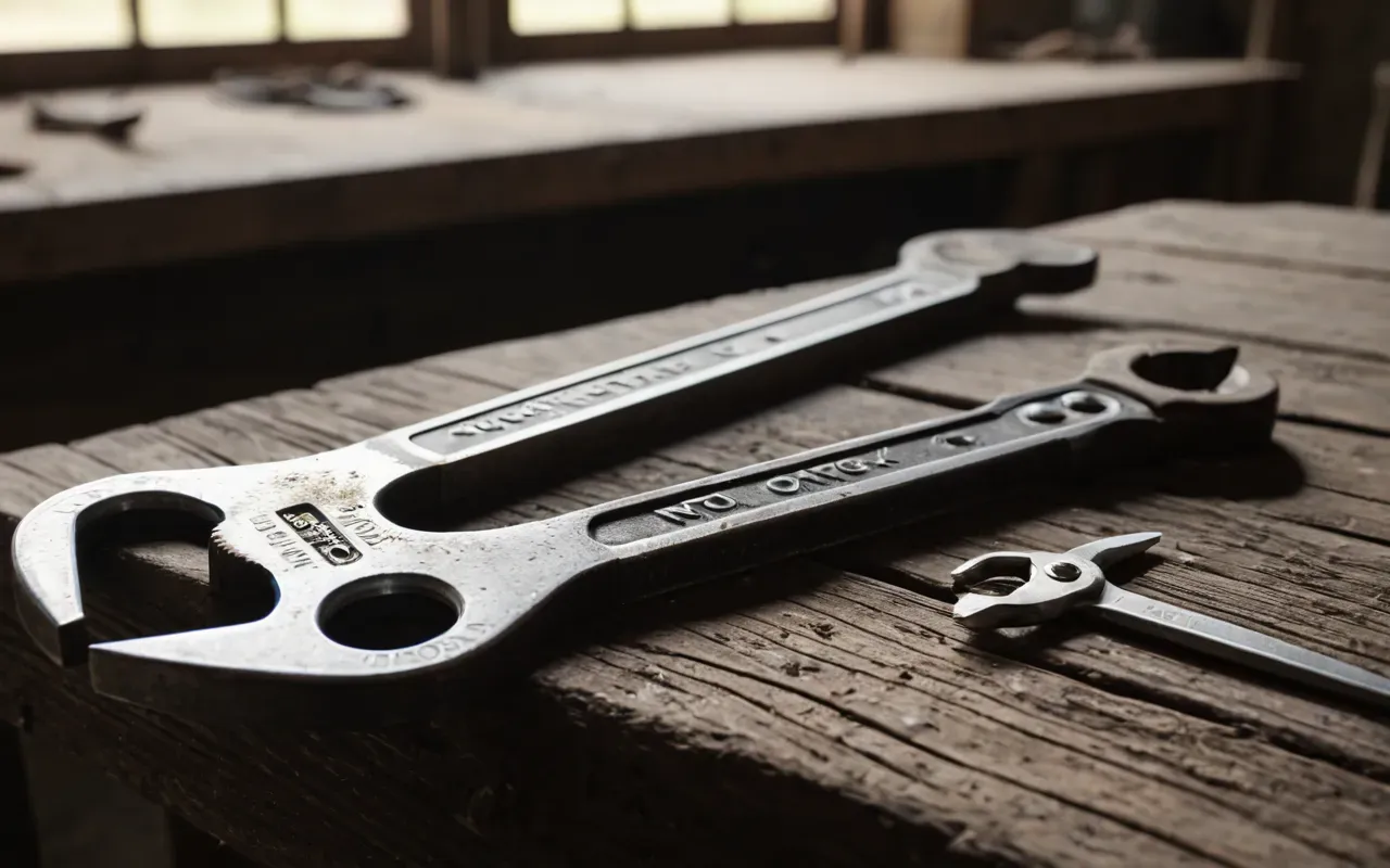 Close up of a worn out steel adjustable wrench and pliers resting on a dusty wooden workbench with soft natural light coming from the side showing heavy metal texture.