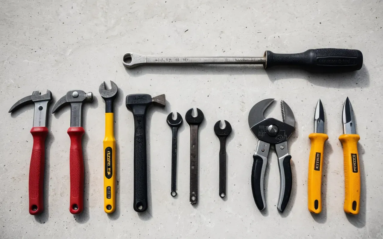 Editorial still life of five essential hand tools including a hammer wrench pliers and screwdrivers arranged neatly on a white concrete surface with soft shadows.