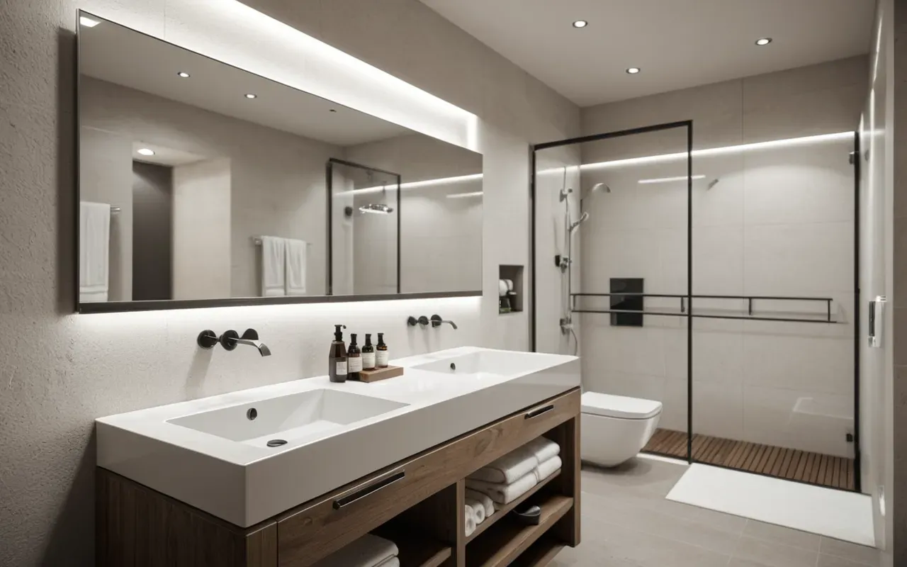 Interior of a modern bathroom with white ceramic fixtures and chrome details, clean lines, soft diffused lighting from above, neutral color palette.