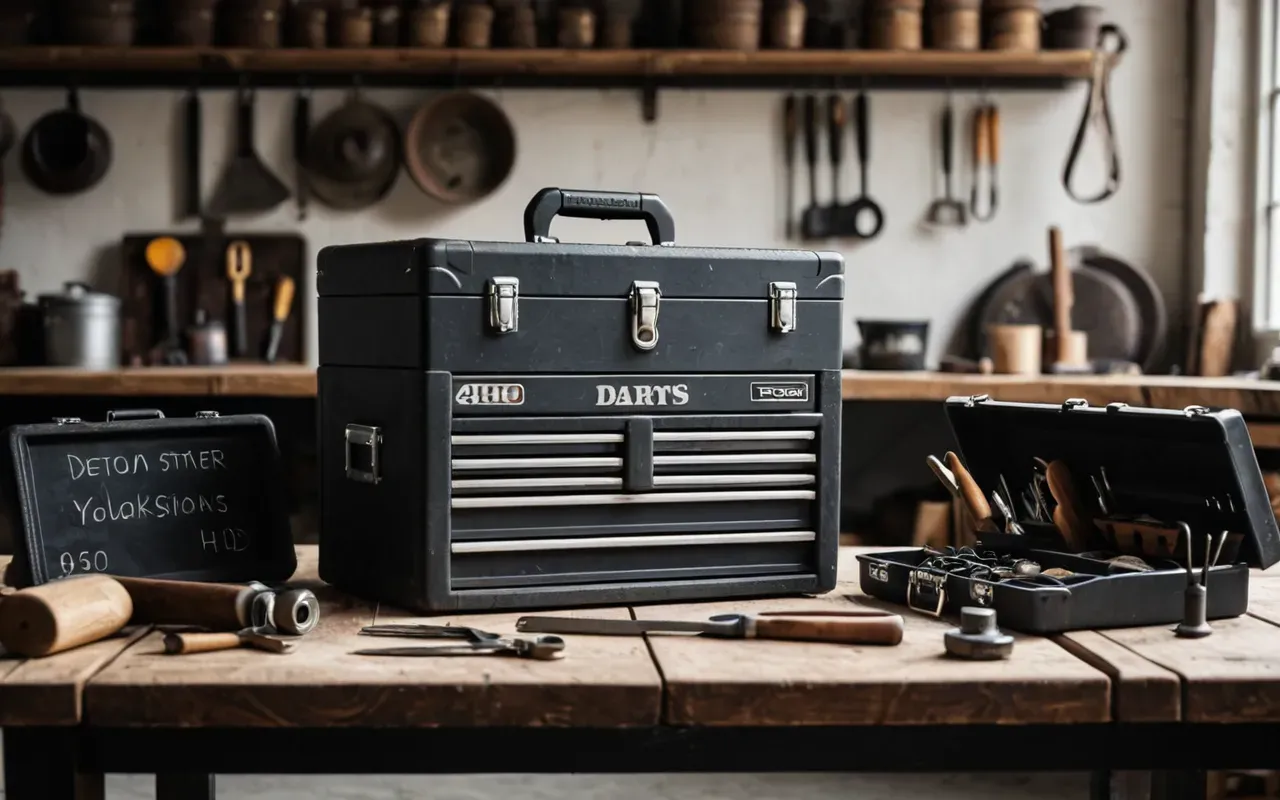 Neatly organized toolbox with basic hand tools on a clean workbench under bright studio lighting emphasizing functionality and order.